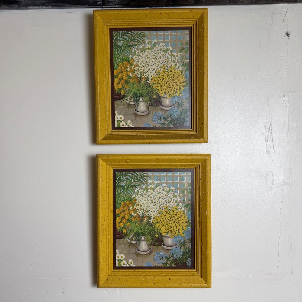 Vintage Set of 2 Floral Prints Mustard Yellow Speckled Wood Frames Wall Art
